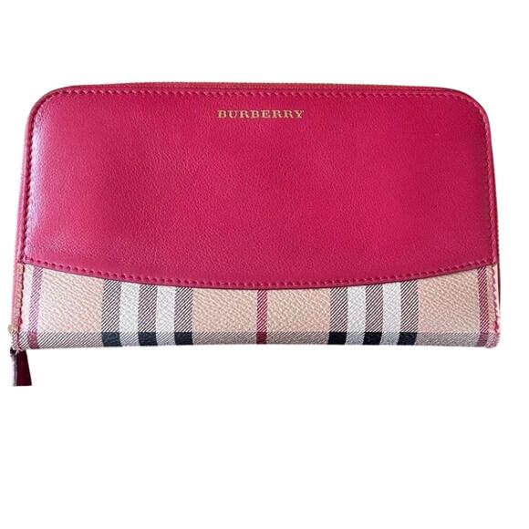 Authentic Burberry Pink Leather and Haymarket Check Long Zippy Wallet W/ DustBag - Picture 1 of 9
